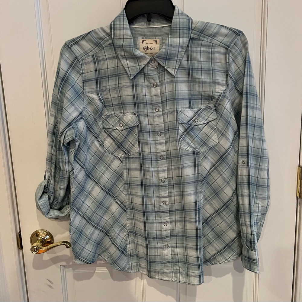 NWT STYLE & CO Womens 100% Cotton Snap Hi-Lo Sleeved Top Size Large